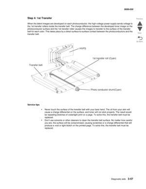 Page 359Diagnostic aids 3-57
  5058-030
Go Back Previous
Next
Step 4: 1st Transfer
When the latent images are developed on each photoconductor, the high-voltage power supply sends voltage to 
the 1st transfer rollers inside the transfer belt. The charge difference between the developed toner image on the 
photoconductor surface and the 1st transfer roller causes the images to transfer to the surface of the transfer 
belt for each color. This takes place by a direct surface-to-surface contact between the...