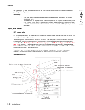 Page 3623-60  Service Manual 5058-030  
Go Back Previous
Next
the possibility of the fuser pressure roll receiving flat spots that can result in abnormal thumping noises and 
possible print quality issues.
Service tips
•If the fuser belt or rollers are damaged, they can cause toner to be pulled off the page or 
cause paper jams.
•Toner that does not properly adhere to a printed page can be a sign of a malfunctioning fuser 
or an improper media setting. Always check the paper type setting before replacing the...