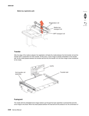 Page 3663-64  Service Manual 5058-030  
Go Back Previous
Next
Media tray registration path
Transfer
After the edge of the media is aligned, the registration roll feeds the media between the 2nd transfer roll and the 
transfer belt in preparation for toner transfer. At this point, a toner image is already embedded on the transfer 
belt. As the media passes between the transfer belt and the 2nd transfer roll, the toner image is also transferred 
to the media.
Fusing/exit
The media with the embedded toner image...