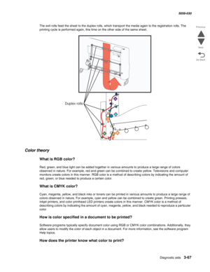 Page 369Diagnostic aids 3-67
  5058-030
Go Back Previous
Next
The exit rolls feed the sheet to the duplex rolls, which transport the media again to the registration rolls. The 
printing cycle is performed again, this time on the other side of the same sheet.
Color theory
What is RGB color?
Red, green, and blue light can be added together in various amounts to produce a large range of colors 
observed in nature. For example, red and green can be combined to create yellow. Televisions and computer 
monitors create...