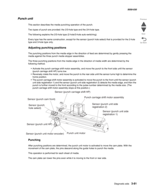 Page 383Diagnostic aids 3-81
  5058-030
Go Back Previous
Next
Punch unit
This section describes the media punching operation of the punch.
Two types of punch are provided: the 2/3-hole type and the 2/4-hole type. 
The following explains the 2/3-hole type (2-hole/3-hole auto-switching).
Every type has the same construction, except for the sensor (punch hole select) that is provided for the 2-hole 
type and 3-hole type only. 
Adjusting punching positions
The punching positions from the media edge in the direction...