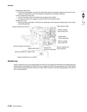 Page 4023-100  Service Manual 5058-030  
Go Back Previous
Next
• Media eject clamp motor
–  A DC motor that elevates or lowers the media eject clamp when feeding media from the punch to the 
compiler unit assembly or from the compiler unit assembly to the stacker media bin.
• Sensor (media eject clamp HP)
–  A photo-interrupter sensor that detects the set clamp home position.
–  This sensor functions as a trigger to control On/Off of the set clamp clutch.
• Media eject clutch
–  When this clutch is activated, it...