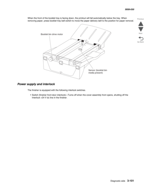 Page 403Diagnostic aids 3-101
  5058-030
Go Back Previous
Next
When the front of the booklet tray is facing down, the printout will fall automatically below the tray. When 
removing paper, press booklet tray belt switch to move the paper delivery belt to the position for paper removal.
Power supply and interlock
The finisher is equipped with the following interlock switches.
• Switch (finisher front door interlock)—Turns off when the cover assembly front opens, shutting off the 
Interlock +24 V dc line in the...