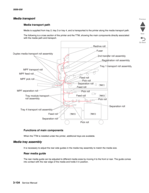 Page 4063-104  Service Manual 5058-030  
Go Back Previous
Next
Media transport 
Media transport path
Media is supplied from tray 2, tray 3 or tray 4, and is transported to the printer along the media transport path.
The following is a cross section of the printer and the TTM, showing the main components directly associated 
with the media path and transport.   
Functions of main components 
When the TTM is installed under the printer, additional trays are available.
Media tray assembly
It is necessary to adjust...