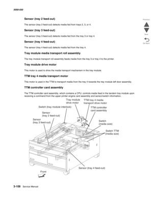 Page 4103-108  Service Manual 5058-030  
Go Back Previous
Next
Sensor (tray 2 feed-out)
The sensor (tray 2 feed-out) detects media fed from trays 2, 3, or 4.
Sensor (tray 3 feed-out)
The sensor (tray 3 feed-out) detects media fed from the tray 3 or tray 4.
Sensor (tray 4 feed-out)
The sensor (tray 4 feed-out) detects media fed from the tray 4.
Tray module media transport roll assembly 
The tray module transport roll assembly feeds media from the tray 3 or tray 4 to the printer.
Tray module drive motor 
This...