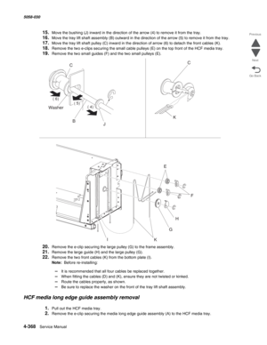 Page 8024-368  Service Manual 5058-030  
Go Back Previous
Next
15.Move the bushing (J) inward in the direction of the arrow (4) to remove it from the tray. 
16.Move the tray lift shaft assembly (B) outward in the direction of the arrow (5) to remove it from the tray. 
17.Move the tray lift shaft pulley (C) inward in the direction of arrow (6) to detach the front cables (K). 
18.Remove the two e-clips securing the small cable pulleys (E) on the top front of the HCF media tray. 
19.Remove the two small guides (F)...