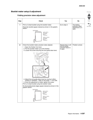 Page 831Repair information 4-397
  5058-030
Go Back Previous
Next
Booklet maker setup & adjustment
Folding precision skew adjustment
StepCheckYesNo
1Print a 2 sheet booklet using the booklet maker.
Does the booklet appear skewed as shown in the graphic 
below?
Go to step 2.The folding 
precision skew 
adjustment is in 
spec.
2Check the booklet maker precision skew adjuster.
1. Open the finisher front door
2. Pull the booklet maker out of the finisher.
3. Loosen the screw securing the end guide skew lever.
4....