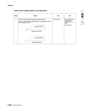 Page 8324-398  Service Manual 5058-030  
Go Back Previous
Next
2 sheet fold & staple position fine adjustment
StepCheckYesNo
1Print a 2 sheet booklet using the booklet maker.
Does the booklet sheet edges appear overlapped as shown 
in the graphic below?
Go to step 2.The 2 sheet fold 
position fine 
adjustment is in 
spec.
Go to step 3. 