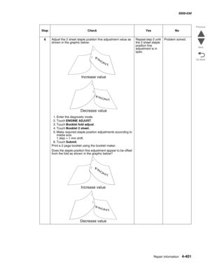 Page 835Repair information 4-401
  5058-030
Go Back Previous
Next
4Adjust the 2 sheet staple position fine adjustment value as 
shown in the graphic below:
1. Enter the diagnostic mode.
2. Touch ENGINE ADJUST.
3. Touch Booklet fold adjust.
4. Touch Booklet 2 sheet.
5. Make required staple position adjustments according to 
media size.  1 step =.1 mm shift.
6. Touch Submit.
Print a 2 page booklet using the booklet maker.
Does the staple position fine adjustment appear to be offset 
from the fold as shown in the...