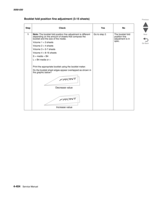 Page 8384-404  Service Manual 5058-030  
Go Back Previous
Next
Booklet fold position fine adjustment (3-15 sheets) 
StepCheckYesNo
1Note: The booklet fold position fine adjustment is different 
depending on the amount of sheets that compose the 
booklet and the size of the media.
Volume 1 = 3 sheets
Volume 2 = 4 sheets
Volume 3 = 5-7 sheets
Volume 4 = 8-15 sheets
S = media < B4
L = B4 media or >
Print the appropriate booklet using the booklet maker.
Do the booklet sheet edges appear overlapped as shown in 
the...