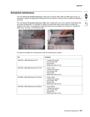 Page 895Preventive maintenance 6-3
  5058-030
Go Back Previous
Next
Scheduled maintenance
The LCD displays 80 scheduled maintenance (xxxK) when it reaches 160K, 320K and 480K page counts. It is 
necessary to replace the appropriate maintenance kit at this interval to maintain the print quality and reliability of 
the printer. 
The LCD displays 80 scheduled maintenance (80K) when multiple jams occur from a specific media feeder after 
the counter exceeds 80K. It is necessary to replace the media feed rollers at...