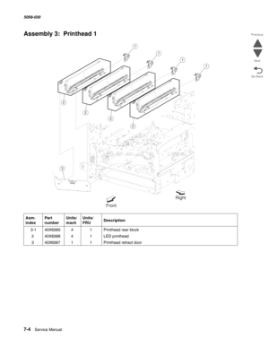 Page 9067-4  Service Manual  5058-030  
Go Back Previous
Next
Assembly 3:  Printhead 1 
Asm- 
indexPart 
numberUnits/
machUnits/ 
FRUDescription
 3-140X656541Printhead rear block
240X656641LED printhead
340X656711Printhead retract door
3
Right
Front
1
1
1
1
2
2
2
2 