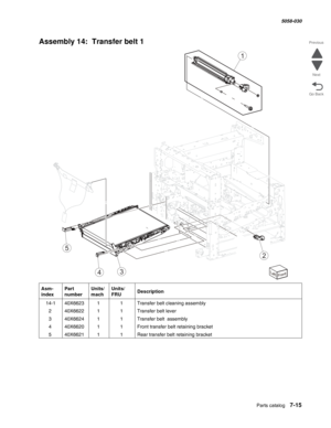 Page 917  Parts catalog   7-15
  5058-030
Go Back Previous
Next
Assembly 14:  Transfer belt 1 
Asm- 
indexPart 
numberUnits/
machUnits/ 
FRUDescription
 14-140X662311Transfer belt cleaning assembly
240X662211Transfer belt lever
340X662411Transfer belt  assembly
440X662011Front transfer belt retaining bracket
540X662111Rear transfer belt retaining bracket
1
2
3
5
4 