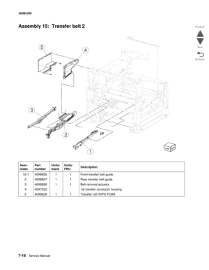 Page 9187-16  Service Manual  5058-030  
Go Back Previous
Next
Assembly 15:  Transfer belt 2 
Asm- 
indexPart 
numberUnits/
machUnits/ 
FRUDescription
 15-140X662511Front transfer belt guide
240X662711Rear transfer belt guide
340X662611Belt removal actuator
440X73331st transfer conductor housing
540X662811Transfer roll HVPS PCBA
1
2
3
54 