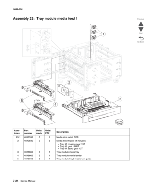 Page 9267-24  Service Manual  5058-030  
Go Back Previous
Next
Assembly 23:  Tray module media feed 1
Asm- 
indexPart 
numberUnits/
machUnits/ 
FRUDescription
 23-140X753361Media size switch PCB
240X058023Media tray lift gear kit includes:
•Tray lift coupling gear 13T•Tray lift gear 13/60T•Tray lift sector gear 12T
340X666531Tray module media tray
440X666231Tray module media feeder
540X666331Tray module tray 2 media turn guide
5
4
1
3
2 