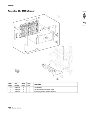 Page 9347-32  Service Manual  5058-030  
Go Back Previous
Next
Assembly 31:  TTM left door
Asm- 
indexPart 
numberUnits/
machUnits/ 
FRUDescription
 31-140X670211TTM left door
240X670111Tray module left door sensor cable
340X670021Sensor (tray module left door interlock)
2
3
1 