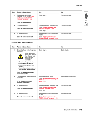 Page 95Diagnostic information 2-45
  5058-030
Go Back Previous
Next
120.01 Fuser motor failure 
2Replace the tray module 
controller PCBA. Go to “Tray module controller PCBA removal” on page 4-209.
 Does the error remain?
Go to step 3.Problem resolved
3POR the machine.
 Does the error continue?
Replace the lower engine PCBA.
Go to “Lower engine PCBA removal” on page 4-101.
Go to step 6.
Problem resolved
4POR the machine.
 Does the error continue?
Replace the upper printer engine 
PCBA.
Go to “Upper printer...