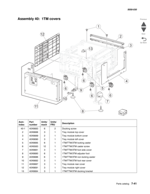 Page 943  Parts catalog   7-41
  5058-030
Go Back Previous
Next
Assembly 40:  1TM covers
Asm- 
indexPart 
numberUnits/
machUnits/ 
FRUDescription
 40-140X668362Docking screw 
240X668831Tray module top cover
340X668921Tray module bottom cover
440X669031Tray module left cover
540X6685611TM/TTM/3TM locking caster
640X658312 11TM/TTM/3TM caster screw
740X6681311TM/TTM/3TM foot side cover
840X6680611TM/TTM/3TM adjuster foot
940X6686611TM/TTM/3TM non-locking caster
1040X6682311TM/TTM/3TM foot rear cover...