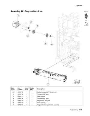 Page 947  Parts catalog   7-45
  5058-030
Go Back Previous
Next
Assembly 44:  Registration drive 
Asm- 
indexPart 
numberUnits/
machUnits/ 
FRUDescription
 44-140X671611Media transport/MPF drive motor
240X671811Transport 29T gear
340X671711Rear bushing
440X671911Transport 60T gear
540X671311Registration 40T gear
640X671411Front bushing
740X671511Registration/transport roller assembly
65
4
2
1
3
7 