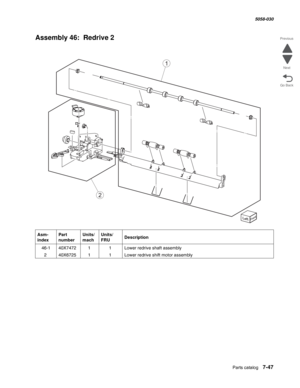 Page 949  Parts catalog   7-47
  5058-030
Go Back Previous
Next
Assembly 46:  Redrive 2
Asm- 
indexPart 
numberUnits/
machUnits/ 
FRUDescription
 46-140X747211Lower redrive shaft assembly
240X672511Lower redrive shift motor assembly
1
2 