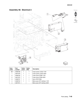 Page 951  Parts catalog   7-49
  5058-030
Go Back Previous
Next
Assembly 48:  Electrical 2
Asm- 
indexPart 
numberUnits/
machUnits/ 
FRUDescription
 48-140X673611Fuser power contact 110V
140X737611Fuser power contact 220V
240X673511Fuser driver PCBA 110V
240X737511Fuser driver PCBA 220V
340X673711Sub LVPS PCBA
440X673411Main power GFI interface 110V
440X7374Main power GFI interface 220V
2
1
3
4 