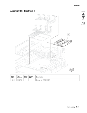 Page 953  Parts catalog   7-51
  5058-030
Go Back Previous
Next
Assembly 50:  Electrical 4
Asm- 
indexPart 
numberUnits/
machUnits/ 
FRUDescription
 50-140X676311Charge roll HVPS PCBA
1 