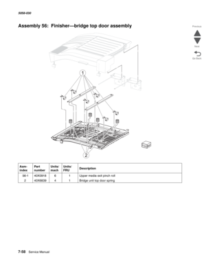 Page 9607-58  Service Manual  5058-030  
Go Back Previous
Next
Assembly 56:  Finisher—bridge top door assembly 
Asm- 
indexPart 
numberUnits/
machUnits/ 
FRUDescription
 56-140X091861Upper media exit pinch roll 
240X683941Bridge unit top door spring
2
1 