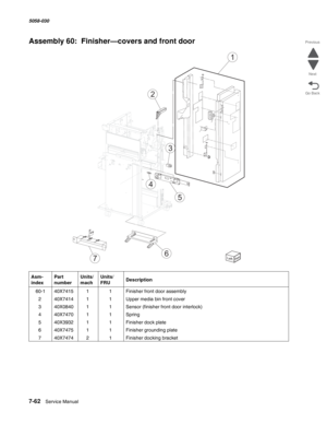 Page 9647-62  Service Manual  5058-030  
Go Back Previous
Next
Assembly 60:  Finisher—covers and front door
Asm- 
indexPart 
numberUnits/
machUnits/ 
FRUDescription
 60-140X741511Finisher front door assembly
240X741411Upper media bin front cover
340X084011Sensor (finisher front door interlock)
440X747011Spring
540X393211Finisher dock plate
640X747511Finisher grounding plate
740X747421Finisher docking bracket
1
2
3
5
4
67 