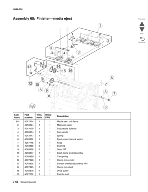 Page 9707-68  Service Manual  5058-030  
Go Back Previous
Next
Assembly 65:  Finisher—media eject
Asm- 
indexPart 
numberUnits/
machUnits/ 
FRUDescription
 65-140X742411Media eject unit frame
240X082411Magnetic catch
340X412011Sub paddle solenoid
440X087411Sub paddle
540X414711Spring
640X088211Eject cover interlock switch
740X774611Knob
840X088851Bushing
940X686821Gear 23T
1040X087711Eject clamp lever assembly
1140X686911Cam pulley
1240X742611Clamp drive motor
1340X082511Sensor (medial eject clamp HP)...