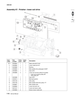 Page 9727-70  Service Manual  5058-030  
Go Back Previous
Next
Assembly 67:  Finisher—lower exit drive
Asm- 
indexPart 
numberUnits/
machUnits/ 
FRUDescription
 67-140X089411Static eliminator brush
240X089511Lower media exit roll
340X088851Bushing
440X090011Main paddle drive pulley/gear 44/20T
540X395911Gear (23T)
640X089821Lower exit roll drive pulley kit includes:
•lower exit roll drive pulley 20T•idler pulley 20T
740X406611Gear (23T)
840X091321Ball bearing 6mm
940X412811Idler pulley
1040X410611Main paddle...