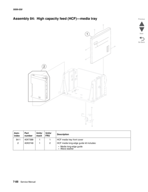 Page 9907-88  Service Manual  5058-030  
Go Back Previous
Next
Assembly 84:  High capacity feed (HCF)—media tray 
Asm- 
indexPart 
numberUnits/
machUnits/ 
FRUDescription
 84-140X739911HCF media tray front cover
240X074912HCF media long-edge guide kit includes:
•Media long-edge guide•Wave washer
1
2 