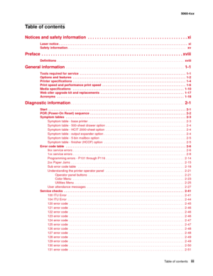 Page 3
Table of contentsiii
  5060-4xx
Table of contents
Notices and safety information  . . . . . . . . . . . . . . . . . . . . . . . . . . . . . . . . . . . . . . . . . . . xi
Laser notice . . . . . . . . . . . . . . . . . . . . . . . . . . . . . . . . . . . . . . . . . . . . . . . . . . . . . . . . . .  . . . . . . . . . . . . . . . .  xi
Safety information . . . . . . . . . . . . . . . . . . . . . . . . . . . . . . . . . . . . . . . . . . . . . . . . . . . . . . . . . . . . . . . .  . . . .   xv
Preface  ....