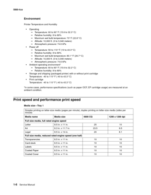 Page 24
1-6Ser vice Manual
5060-4
xx   
Environment
Printer Temperature and Humidity
Operating 
–Temperature: 60 to 90° F (15.6 to 32.3° C) 
–Relative humidity: 8 to 80%
–Maximum wet bulb temperature: 73° F (22.8° C)
–Altitude: 10,000 ft. (0 to 3,048 meters)
–Atmospheric pressure: 74.6 kPa
Pow e r of f 
–Temperature: 50 to 110° F (10 to 43.3° C) 
–Relative humidity: 8 to 80%
–Maximum wet bulb temperature: 80.1° F (26.7° C)
–Altitude: 10,000 ft. (0 to 3,048 meters)
–Atmospheric pressure: 74.6 kPa
Ambient...