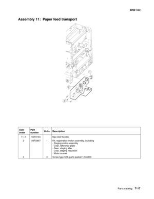 Page 355
Parts catalog7-17
  5060-4xx
Assembly 11:  Paper feed transport
Asm-
index Part 
number
Units Description
11–1 56P2194 Nip relief handle 2 56P2857 1 Kit, registration motor assembly, including - Staging motor assembly
- Gear, reference plate
- Gear, staging idler
- Gear, staging reduction
- Motor screws
3 3 Screw type 323, parts packet 12G6309 