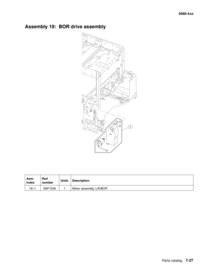 Page 365
Parts catalog7-27
  5060-4xx
Assembly 19:  BOR drive assembly
Asm-
index Part 
number
Units Description
19–1 56P1536 1 Motor assembly, Lift/BOR
1 