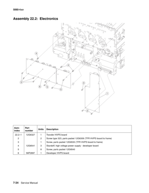 Page 372
7-34Service Manual
5060-4
xx   
Assembly 22.2:  Electronics
Asm-
indexPart 
number
Units Description
22.2–1 12G6327 1 Transfer HVPS board 2 2 Screw type 323, parts packet 12G6309 (TFR HVPS board to frame)
3 1 Screw, parts packet 12G6530 (TFR HVPS board to frame)
4 12G6541 3 Standoff, high voltage power supply - developer board
5 8 Screw, parts packet 12G6540
6 56P2897 1 Developer HVPS board 