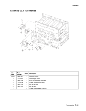 Page 373
Parts catalog7-35
  5060-4xx
Assembly 22.3:  Electronics
Asm-
index Part 
number
Units Description
22.3–1 56P1551 1 VTB fan, 60 mm 2 12G6490 1 VTB fan gap cover
3 56P1509 1 Fuser fan assembly with cable
4 12G6529 2 Screws, fuser fan mounting
5 56P1538 1 RIP fan, 92 mm
6 56P1500 1 RIP fan duct
7 2 Screws, parts packet 12G6530
21
6
7
3
4
5 