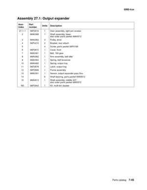 Page 383
Parts catalog7-45
  5060-4xx
Assembly 27.1: Output expander
Asm-
index Part 
number
Units Description
27.1–1 56P2916 1 Door assembly, right jam access 2 99A0368 1 Shaft assembly, lower,  also order parts packet 99A0572
3 99A0363 3 Pulley, drive
4 56P0410 2 Bracket, rear attach
5 4 Screw, parts packet 56P0169
6 56P2872 1 Cover, front
7 99A0361 1 Belt, 160 gear
8 99A0362 1 Arm assembly, belt idler
9 99A0364 1 Spring, belt tensioner
10 99A0482 1 Spring, output tray
11 56P2878 1 Latch, output tray
12...