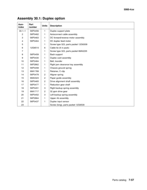 Page 395
Parts catalog7-57
  5060-4xx
Assembly 30.1: Duplex option
Asm-
index Part 
number
Units Description
30.1–1 56P0456 1 Duplex support plate 2 56P0462 1 Autoconnect cable assembly
3 56P0463 1 DC forward/reverse motor assembly
4 56P0464 1 DC duplex feed motor
5 1 Screw type 323, parts packet 12G6309
6 12G6510 6 Cable tie (6 in pack)
7 1 Screw type 323, parts packet 88A0235
8 56P0459 1 Back support
9 56P0430 1 Duplex card assembly
10 56P2484 1 Belt, transfer
11 56P2862 1 Right jam clearance tray assembly
12...