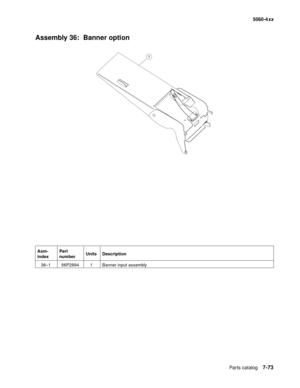 Page 411
Parts catalog7-73
  5060-4xx
Assembly 36:  Banner option
Asm-
index Part 
number
Units Description
36–1 56P2894 1 Banner input assembly 