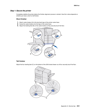 Page 423
Appendix A—Service tipsA-9
  5060-4xx
Step 1: Secure the printer
Completely stabilize the printer before the finisher alignment process is started. How this is done depends on 
whether you have a short or tall finisher.
Short finisher
1.
Attach caster brakes (A) to the two back legs of the printer caster base.
2.Screw the caster brakes onto the legs of the caster base.
3.Adjust the leveling feet (B) on the caster brakes so they securely touch the floor.
Ta l l  f i n i s h e r
Adjust the four leveling...