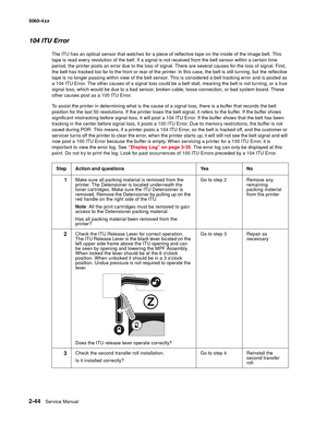 Page 80
2-44Service Manual
5060-4
xx   
104 ITU Error
The ITU has an optical sensor that watches for a piece of reflective tape on the inside of the image belt. This 
tape is read every revolution of the belt. If a signal is not received from the belt sensor within a certain time 
period, the printer posts an error due to the loss of signal. There are several causes for the loss of signal. First, 
the belt has tracked too far to the front or rear of the printer. In this case, the belt is still turning, but the...