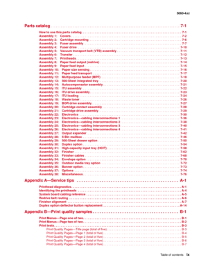 Page 9
Table of contentsix
  5060-4xx
Parts catalog . . . . . . . . . . . . . . . . . . . . . . . . . . . . . . . . . . . . . . . . . . . . . . . . . . . . . . . . . . . . . . .  . . . . . . . . . . . . .  7-1
How to use this parts catalog . . . . . . . . . . . . . . . . . . . . . . . . . . . . . . . . . . . . . . . . . . . . . . . . . . . . . . . . . .  7-1
Assembly 1: Covers . . . . . . . . . . . . . . . . . . . . . . . . . . . . . . . . . . . . . . . . . . . . . . . . . . . . . . . . . . . . . . . .  . 7-2...