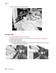 Page 266
4-50Service Manual
5060-4
xx   
7.Release the MPF latch (F) and remove the MPF.
Nip relief handle
Go to “Nip relief handle” on page 7-17  for part number.
1.Remove the left lower cover to access the nip relief handle. See  “Left lower cover” on page 4-18.
2.Remove waste toner container.
3.Reinsert paper tray into printer.
4.Remove the broken pieces of old handle. 
a.Pull up the upper piece of handle to raise the nip relief link (A) and rotate upper piece of handle 90° 
clockwise to free it from the nip...