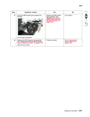 Page 103Diagnostic information2-67
  5026
Go Back Previous
Next
5Check the MPF/duplex gear assembly for 
damage.
Are the gears damaged?Replace the MPF/duplex 
gear assembly. See 
“Multipurpose feeder 
(MPF)/duplex gear and 
housing removal” on 
page 4-116. Go to step 6.
6Replace the MPF/duplex motor assembly. 
See “Multipurpose feeder (MPF)/duplex 
motor assembly removal” on page 4-118. 
Does the error clear?Problem resolved. Go to “Input sensor 
service check” on 
page 2-128.  Step Questions / actions Yes No 