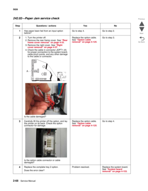 Page 1042-68Service Manual 5026  
Go Back Previous
Next
242.02—Paper Jam service check
Step Questions / actions Yes No
1Has paper been fed from an input option 
before?Go to step 4. Go to step 2.
21. Turn the printer off.
2. Remove the rear frame cover. See “Rear 
frame cover removal” on page 4-33.
3. Remove the right cover. See “Right 
cover removal” on page 4-37.
4. Check the cable in connector JOPT1 (A) 
for proper connection to the system board, 
cable pinch points, and any other damage 
to the cable or...