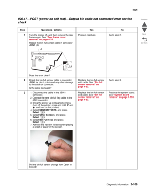 Page 145Diagnostic information2-109
  5026
Go Back Previous
Next
920.17—POST (power-on self test)—Output bin cable not connected error service 
check
Step Questions / actions Yes No
1Turn the printer off, and then remove the rear 
frame cover. See “Rear frame cover 
removal” on page 4-33. 
Reseat the bin full sensor cable in connector 
JBIN1 (A).
Does the error clear?Problem resolved. Go to step 2.
2Check the bin full sensor cable in connector 
JBIN1 for pinch points and any other damage 
to the cable or...