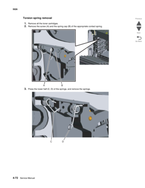 Page 2944-72Service Manual 5026  
Go Back Previous
Next
Torsion spring removal
1.
Remove all the toner cartridges.
2.Remove the screw (A) and the spring cap (B) of the appropriate contact spring.
3.Press the lower half (C, D) of the springs, and remove the springs.
B A
D C 