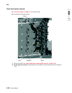 Page 3824-160Service Manual 5026  
Go Back Previous
Next
Toner level sensor removal
See “Toner level sensor” on page 7-11 for the part number.
Note the locations of the toner sensors.
1.Remove the HVPS. See “High-voltage power supply (HVPS) removal” on page 4-108.
2.For the upper two sensors: These sensors are more difficult to reach because the toner is difficult to 
reach: 
