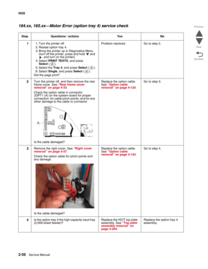 Page 922-56Service Manual 5026  
Go Back Previous
Next
164.xx, 165.xx—Motor Error (option tray 4) service check
Step Questions / actions Yes No
11. Turn the printer off.
2. Reseat option tray 4.
3. Bring the printer up in Diagnostics Menu 
(turn off the printer, press and hold   and 
. and turn on the printer). 
4. Select PRINT TESTS, and press 
Select().
5. Select the Tray 4, and press Select().
6. Select Single, and press Select(). 
Did the page print?Problem resolved. Go to step 2.
2Turn the printer off, and...